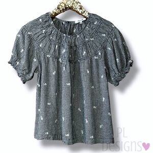 Madewell Embroidered Gingham Shirred Puff-Sleeve Top